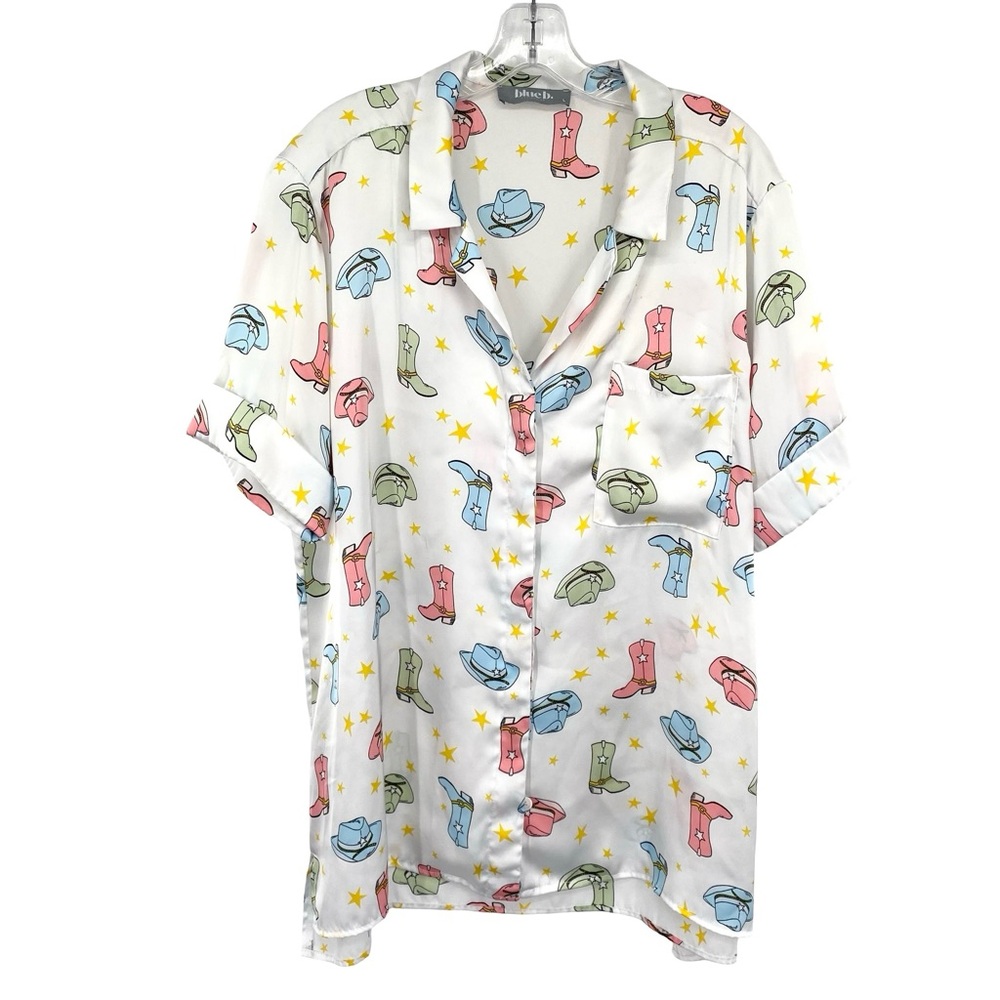 Blue B Western Cowboy Boots and Hats Print Oversized Satin Tunic Shirt